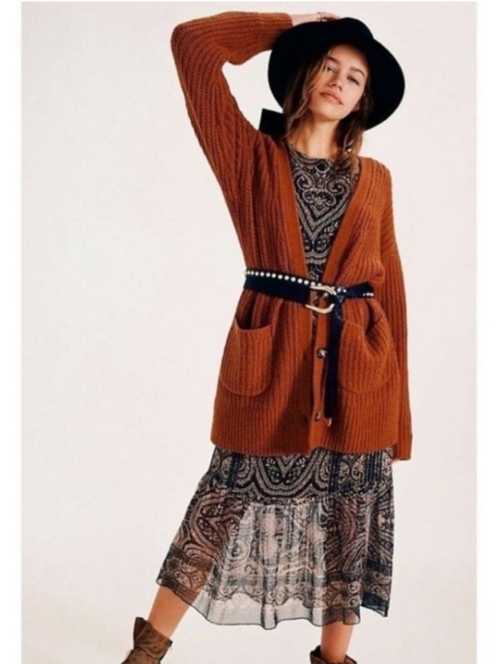 Anthropologie Ursa Brown Burnt Orange Oversized Knit Button Wool Cardigan